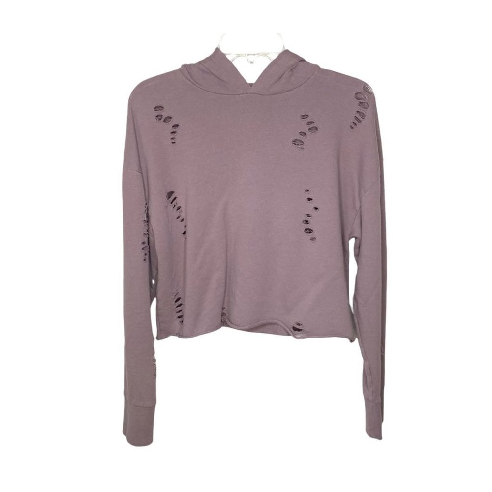 Topshop Cropped Distressed Pullover Hoodie Mauve Purple